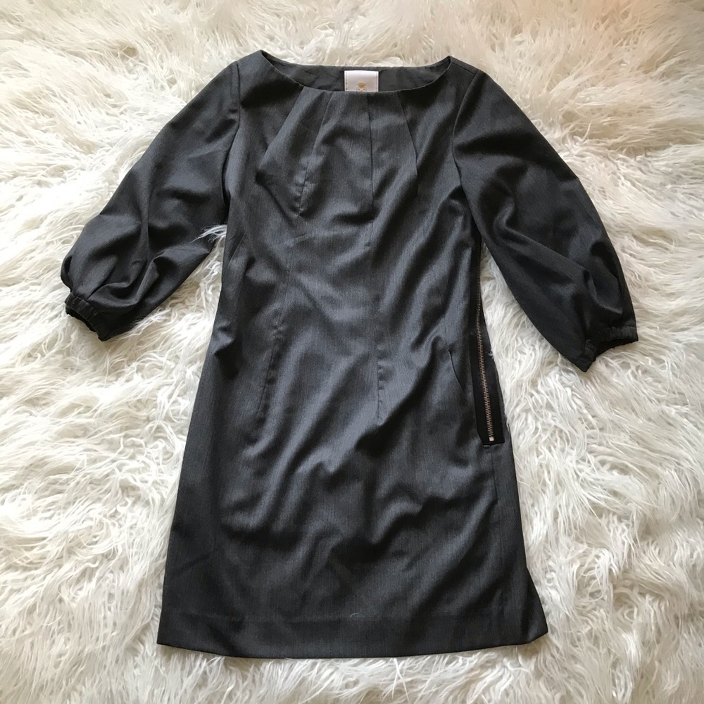 ABAETÉ GREY WOOL BISHOP SLEEVE SHIFT‎ DRESS
